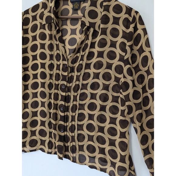 Grace Dane Lewis Womens Silk Brown Circle Link Button Up Sheer Blouse Size 12P - Picture 2 of 8